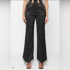 NWT Maniere de Voir - Black Satin Trousers Pants with Beaded Fringe Size US 6